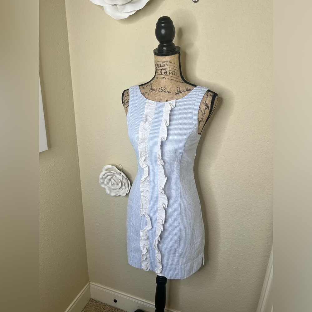 NTM: Lauren James Light Blue & White with Ruffles Seersucker Bailey Dress Sz XS - Picture 5 of 16